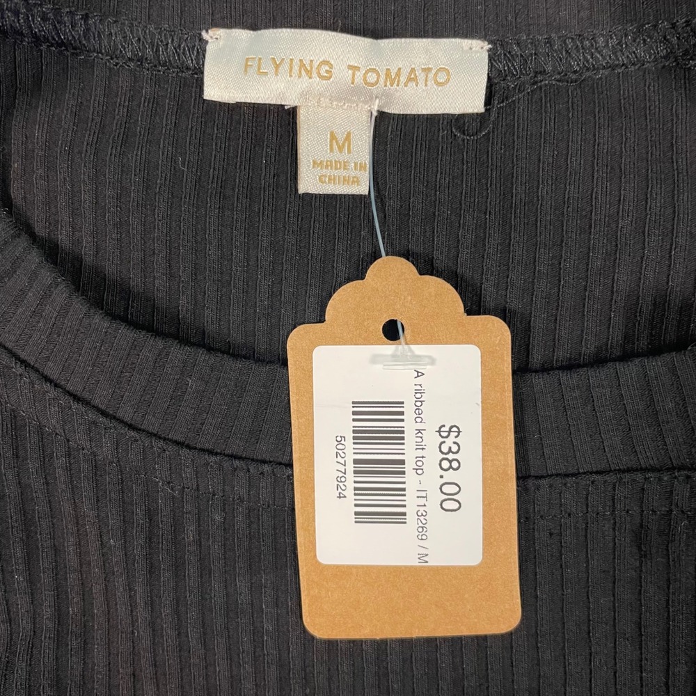 NWT Flying Tomato Happiest Here Black Knit Top Size M Ruffle Shoulder Ribbed - Picture 3 of 10